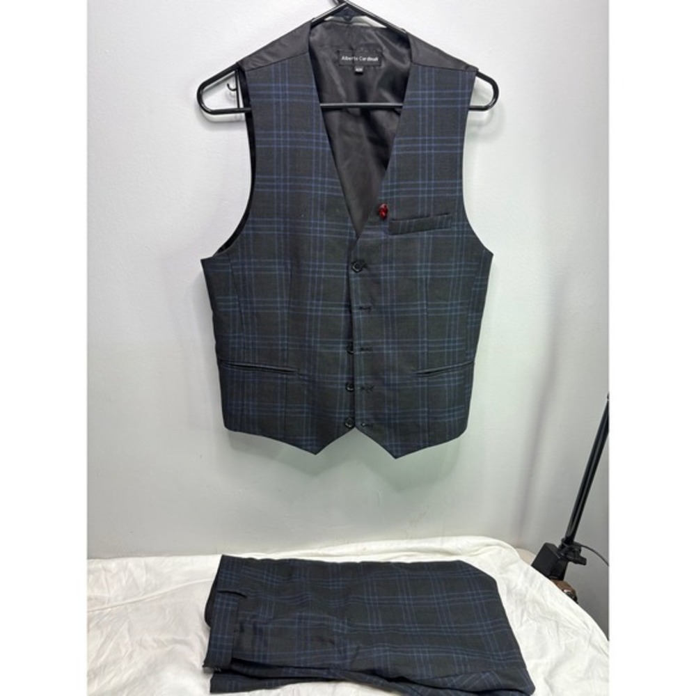 Alberto Cardinali men's‎ suit vest and matching trousers with blue plaid pattern